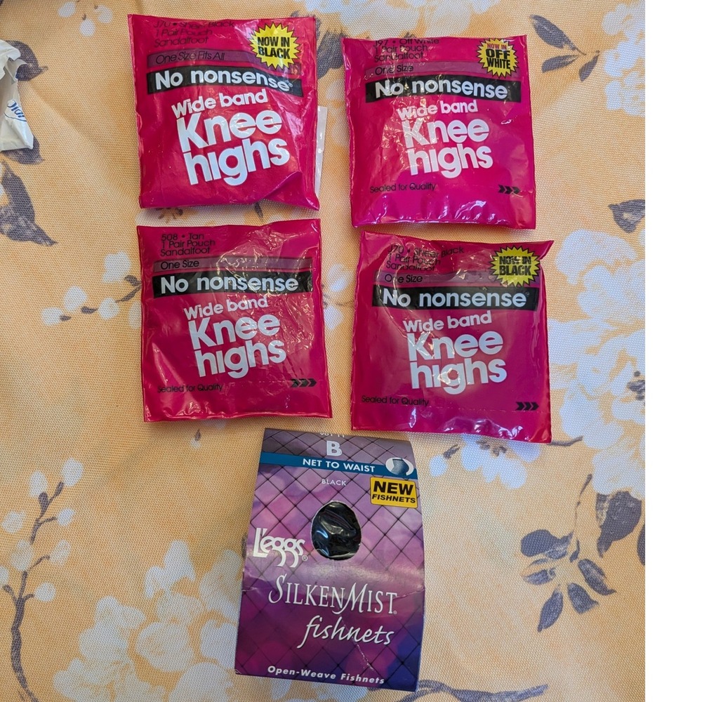 Vintage No Nonsense Knee Highs & L'eggs Silken Mist Fishnets Hosiery Lot 5 Pairs
